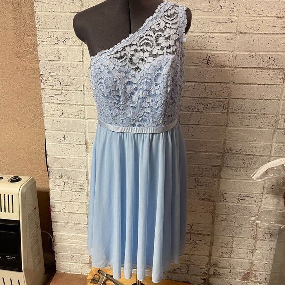 Davids Bridal Ice Blue One Shoulder Lace Dress 12 - Picture 2 of 12